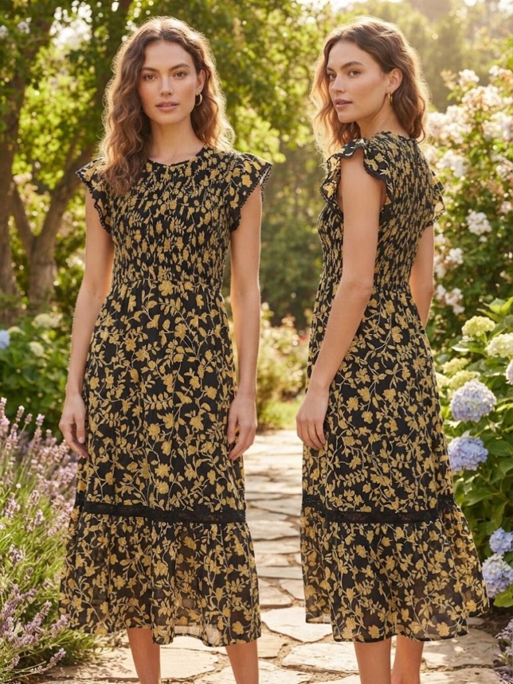 Lost + Wander Black & Yellow Floral Smocked Ruffled Midi Dress - Size Medium